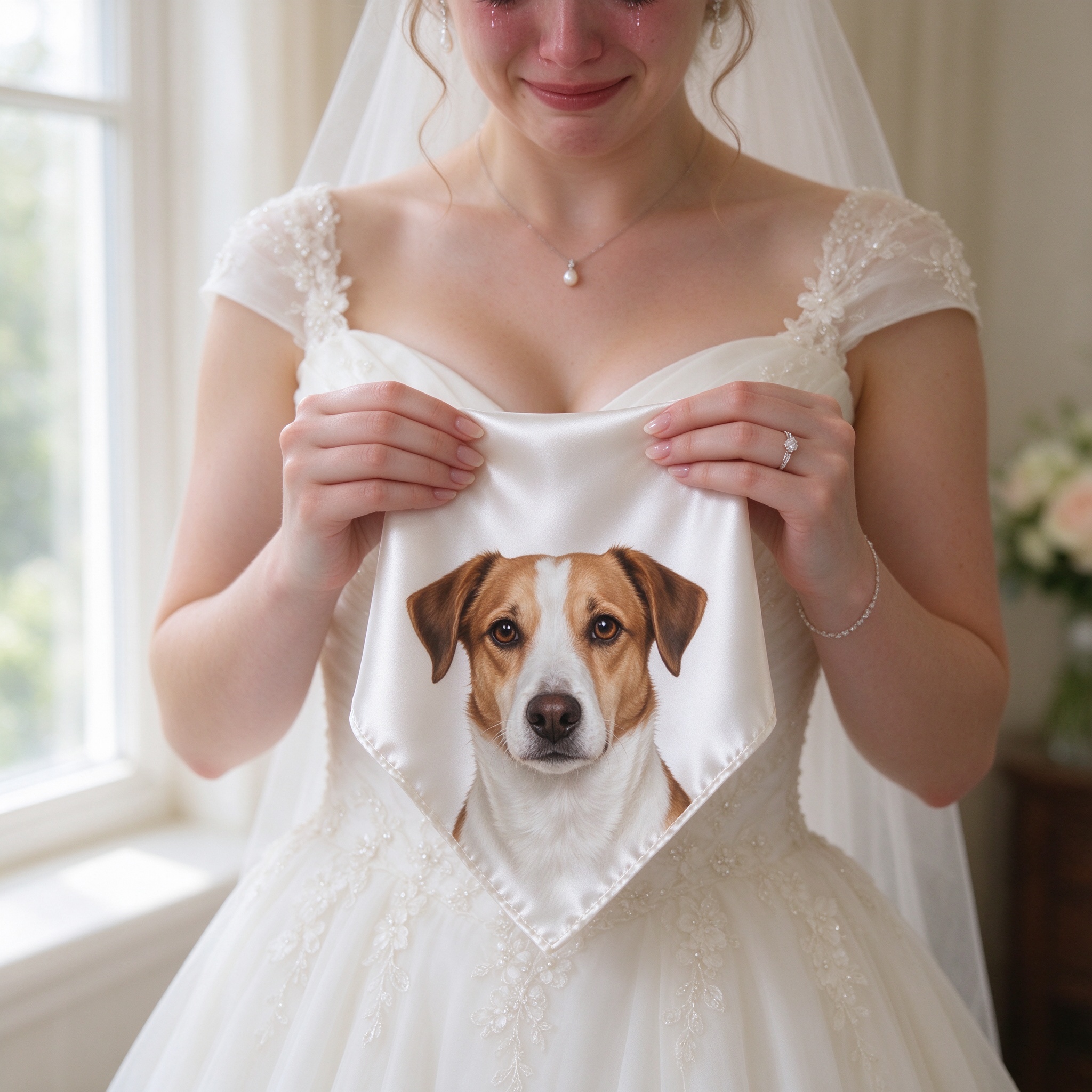 Digital printing silk pocket square with dog face for wedding, custom printed fabric wedding keepsake