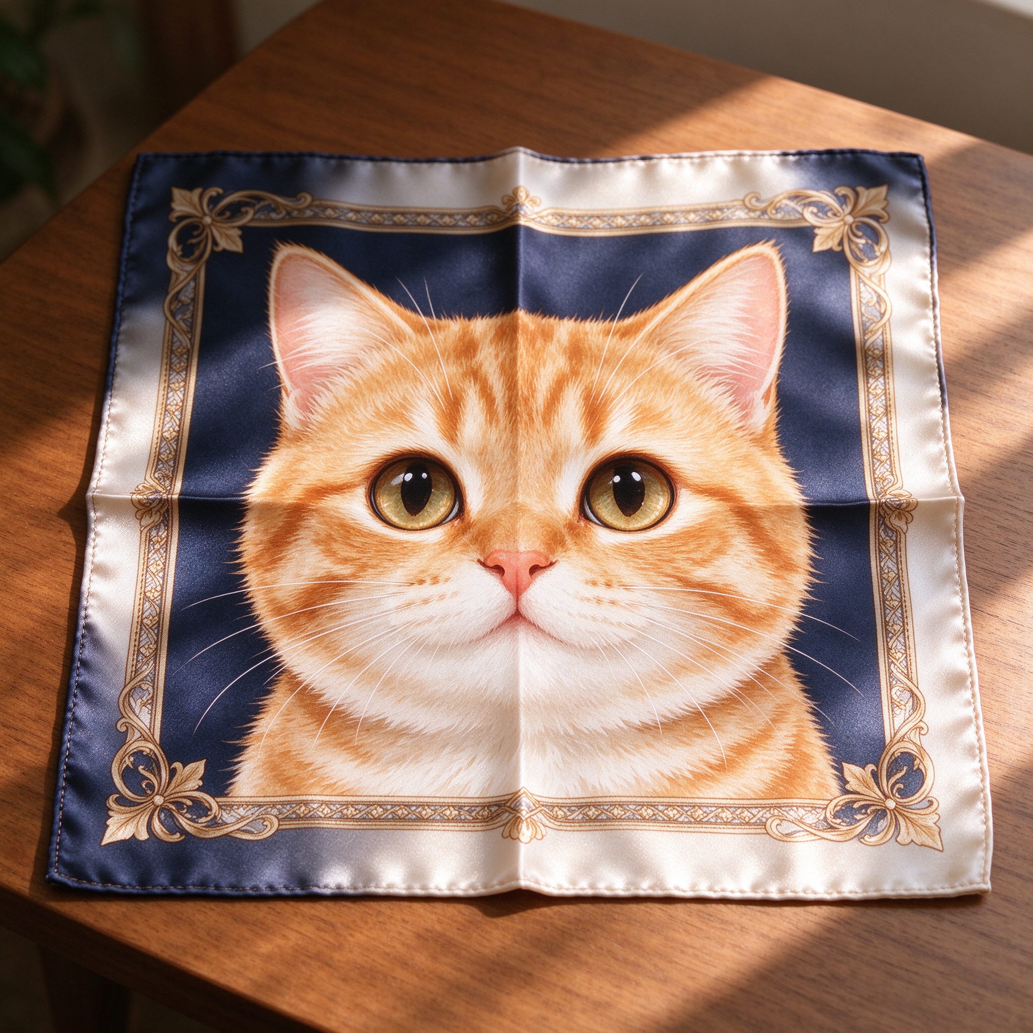 Custom digital printing orange tabby cat face on luxury mulberry silk scarf handkerchief with navy blue and gold border