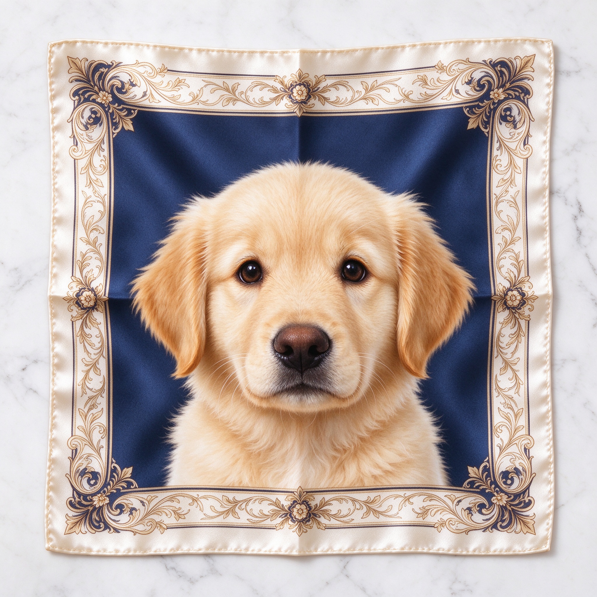 Digital printing golden retriever puppy portrait on silk scarf with cream and navy border, custom fabric printing service