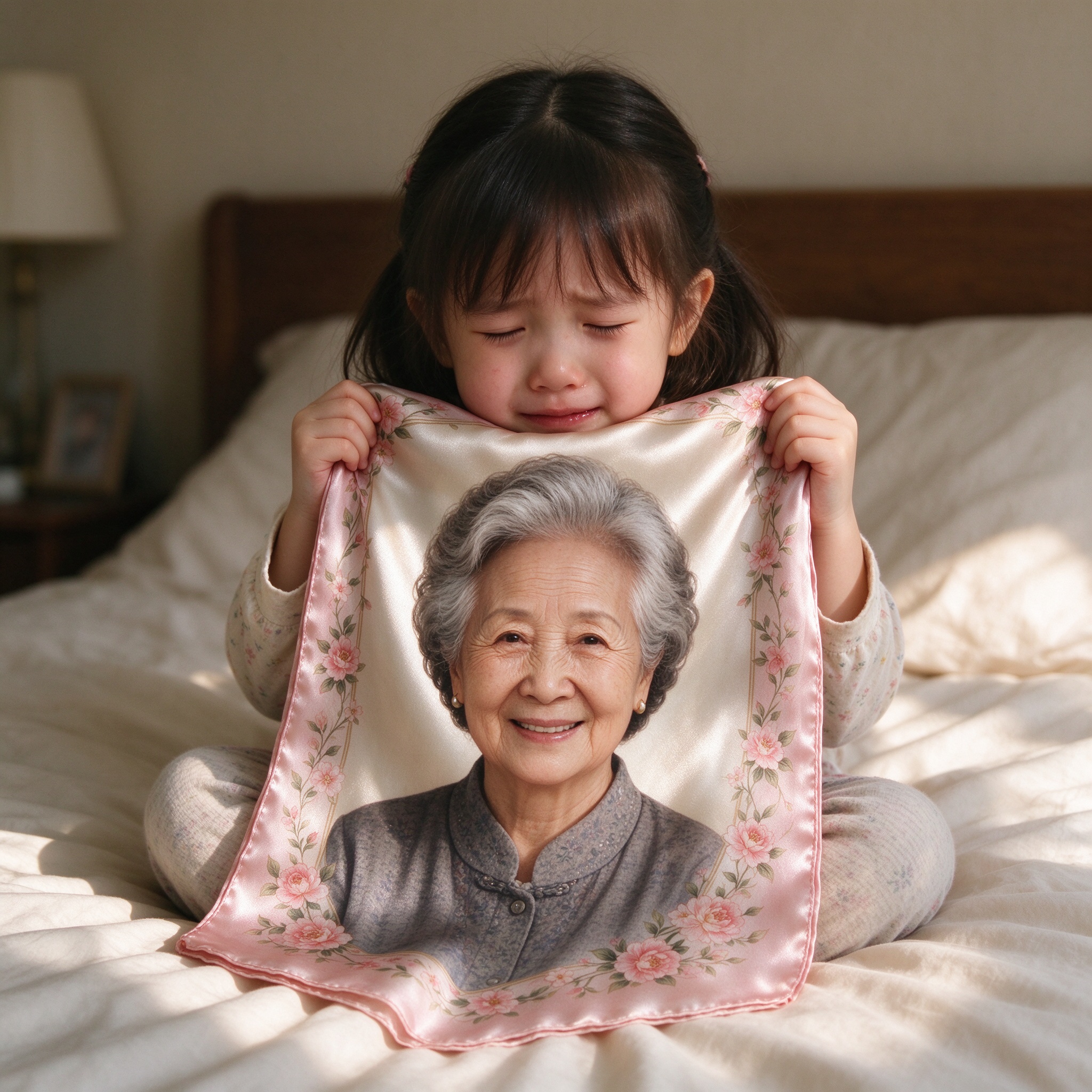 Digital printing silk scarf with grandmother portrait, custom printed family keepsake fabric gift