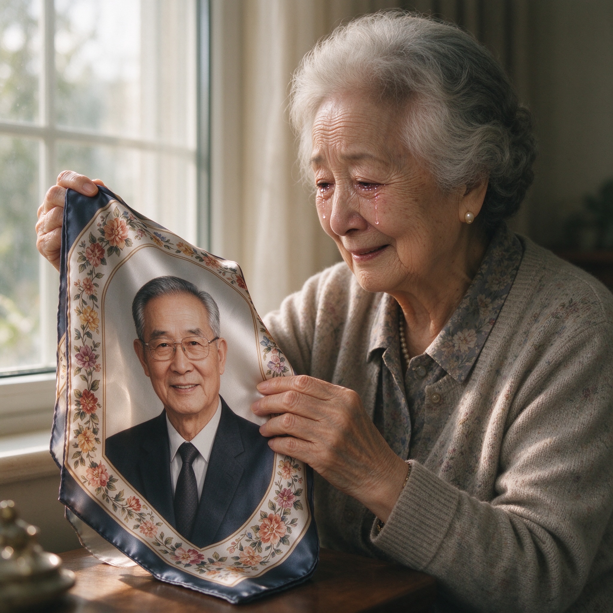 Digital printing memorial silk scarf with late husband portrait, custom printed fabric keepsake