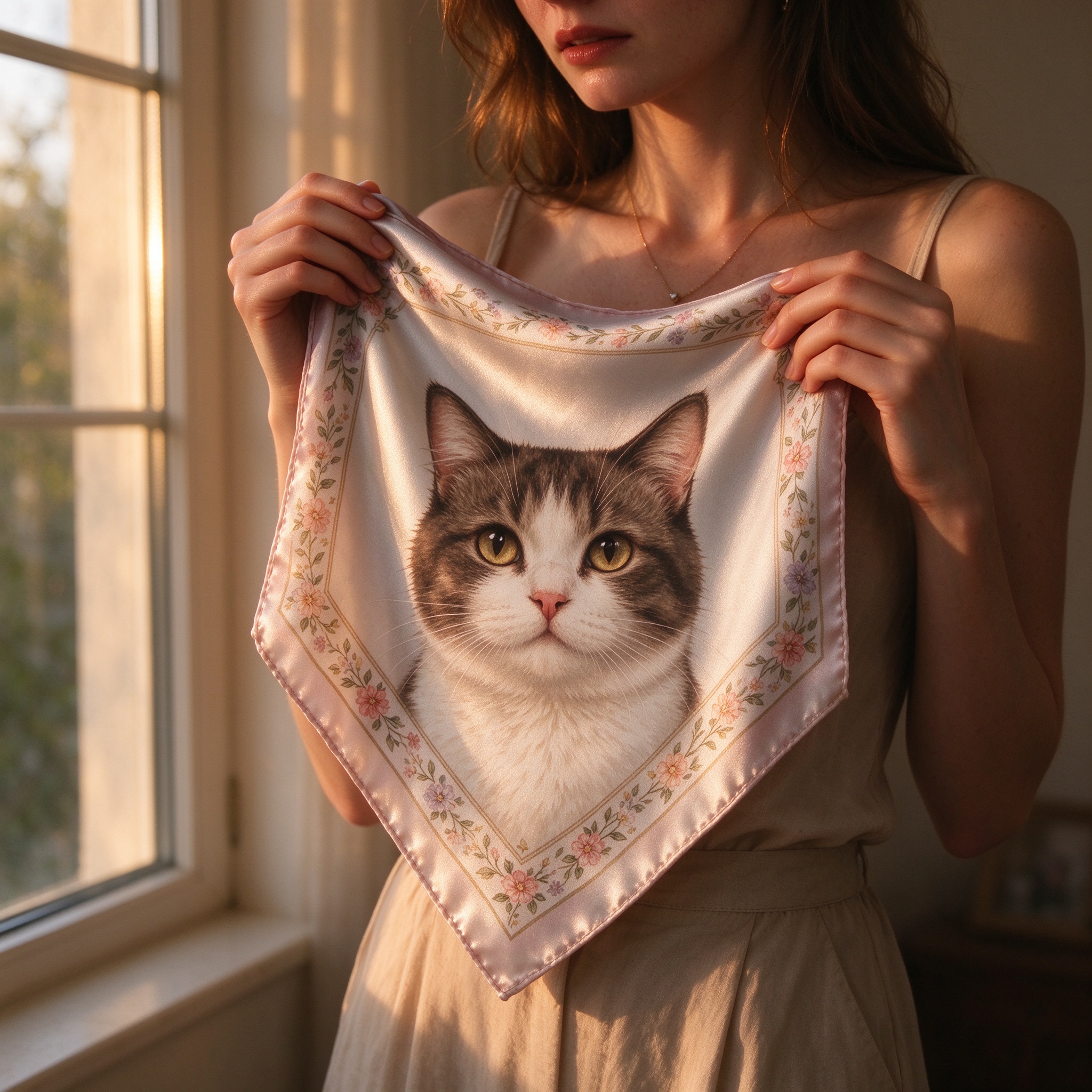 Custom digital printing silk scarf with cat portrait, woman holding printed fabric by window, custom textile printing